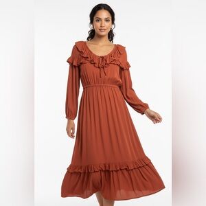 Gibson Latimer Rust Ruffle Midi Dress